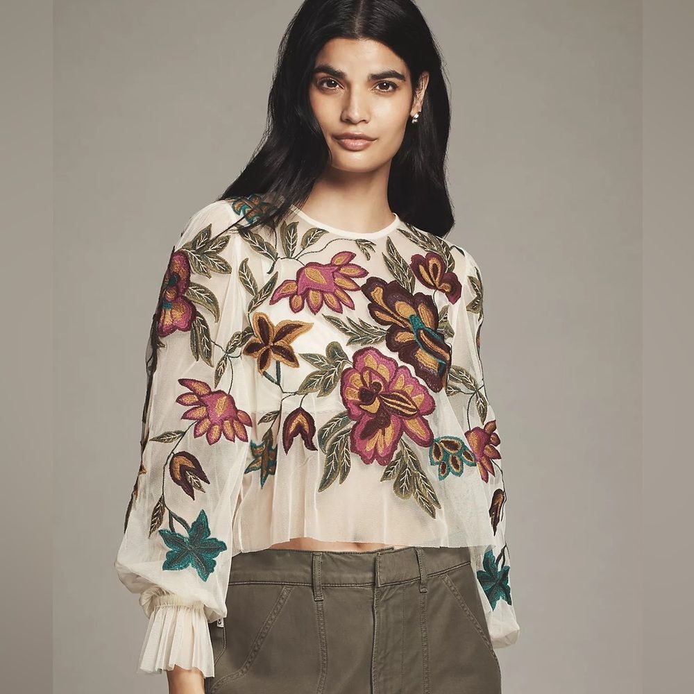 New Anthropologie Long Sleeve Mesh Blouse with Appliques Size L